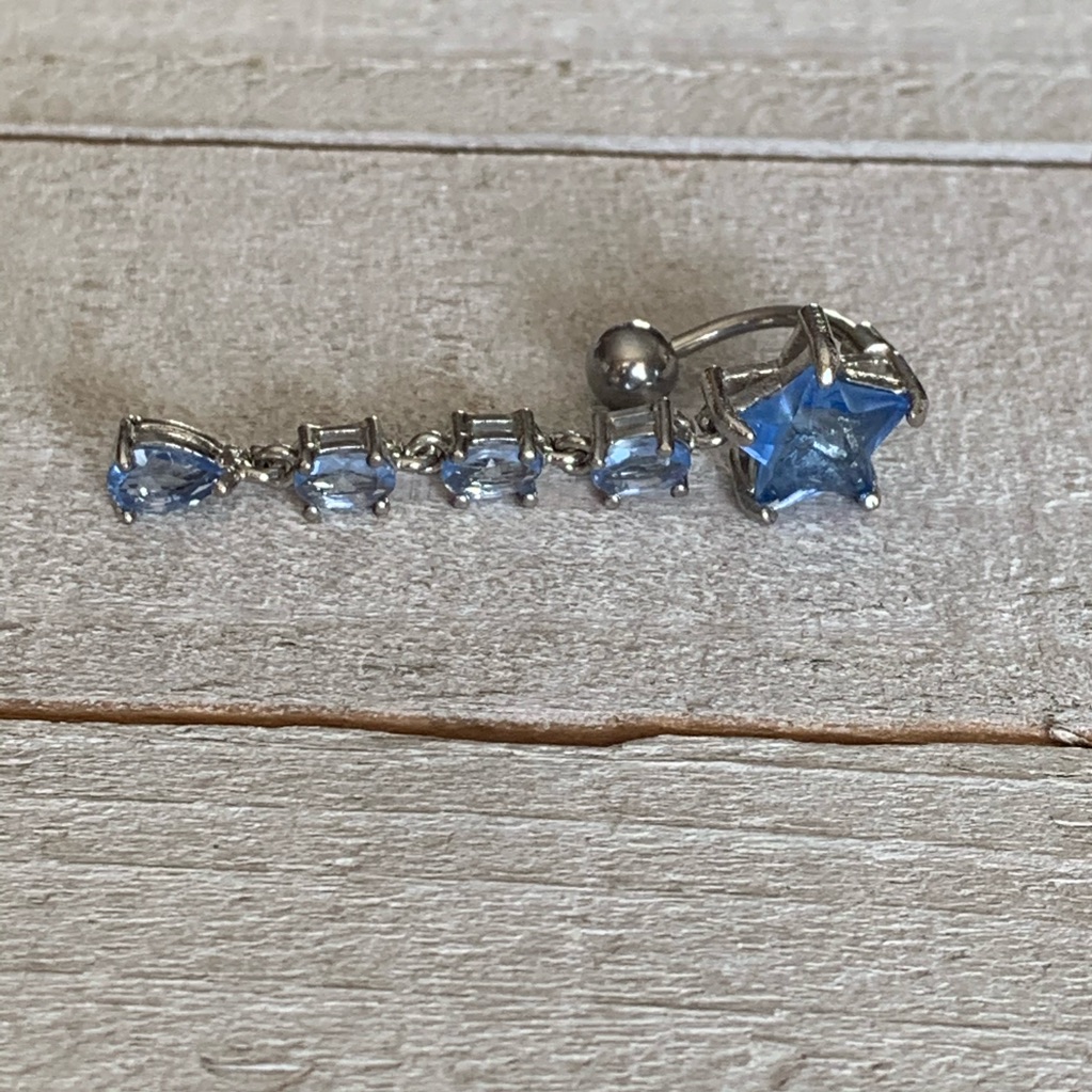 Blue Gem Star Reverse Dangle Navel Ring 16 Gauge Belly Button Ring